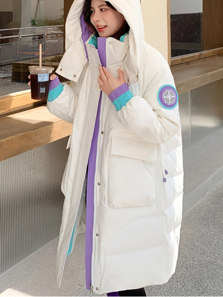 WKFYY Women Causal Winter Thick Patch Designs Pocket Pleated Detachable Loose Straight  Long Padded Coat Outwear Down Jack C4984