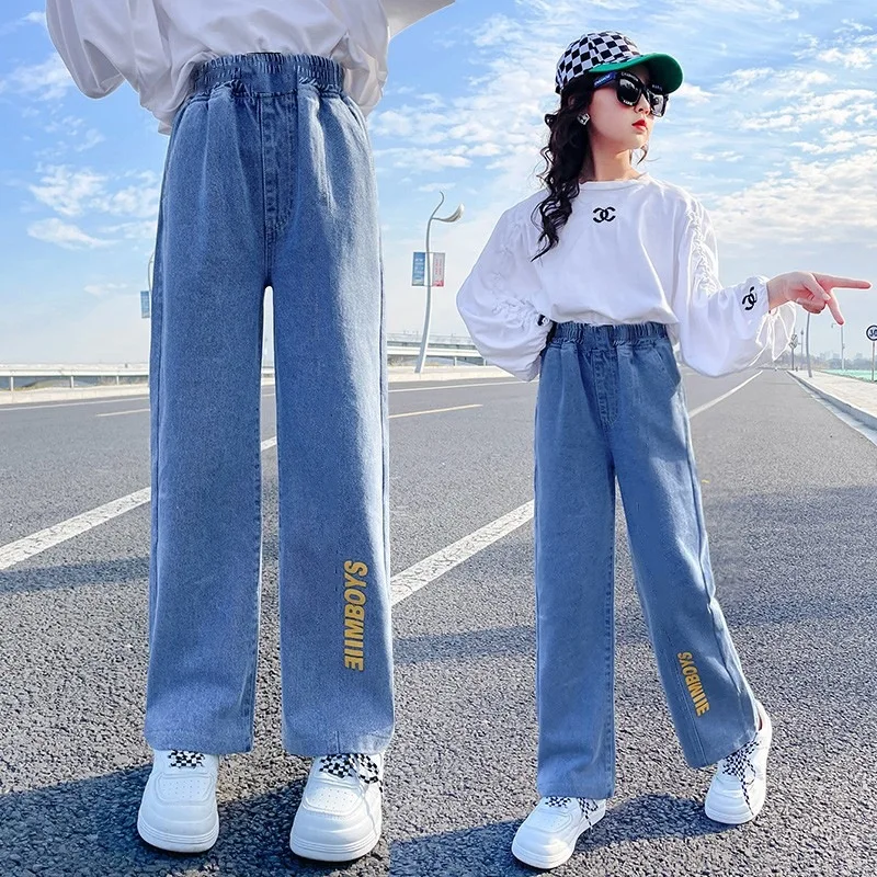 

Jeans for Girls Spring Summer Casual All-match Loose Kids Leg Wide Pants School Teenage Children Trousers 4 6 8 10 12 14 Years