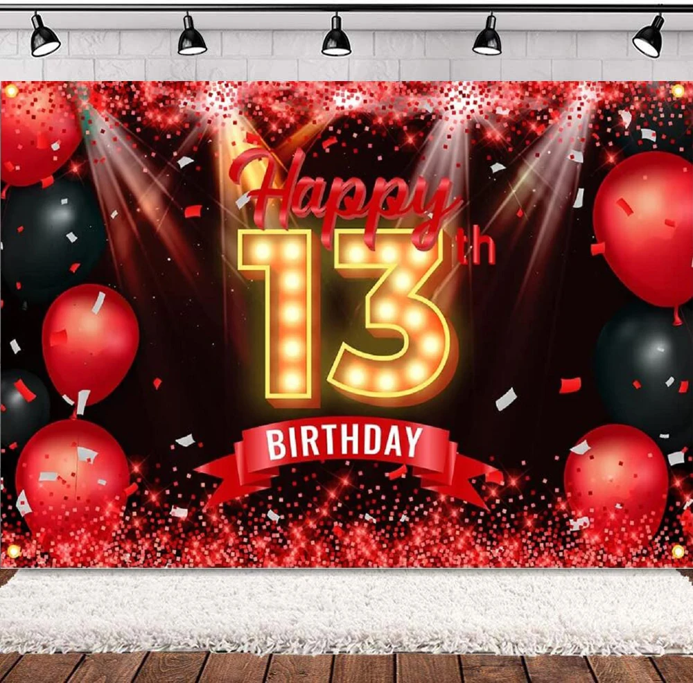 

Photography Backdrop Red And Black Balloon Happy 13 Years Old 13th Birthday Background Decor For Girls Boys Party Glitter Poster