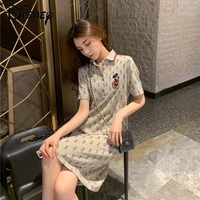 disney mickey 2022 summer ladies embroidered cotton breathable french polo collar short sleeve dress casual straight skirt