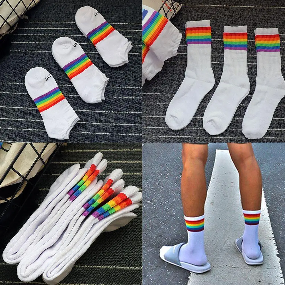 

5pairs Rainbow Stripes In Long Sports Socks Thick Sweat Absorbent Deodorant Cotton Socks C8w5
