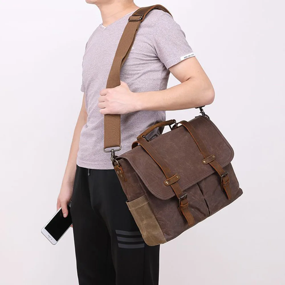 Men's Casual Shoulder Bag Retro Oil Wax Canvas Bag Waterproof Wear-resistant Travel Messenger Bag Daily PC Laptop Briefcase Tote