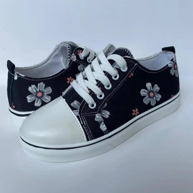 

Women's Vulcanize Shoes 2022 Women Flats Retro Flower Canvas Shoes Female Fashion Lace Up Sneakers Ladies Casual Shoes Plus Size