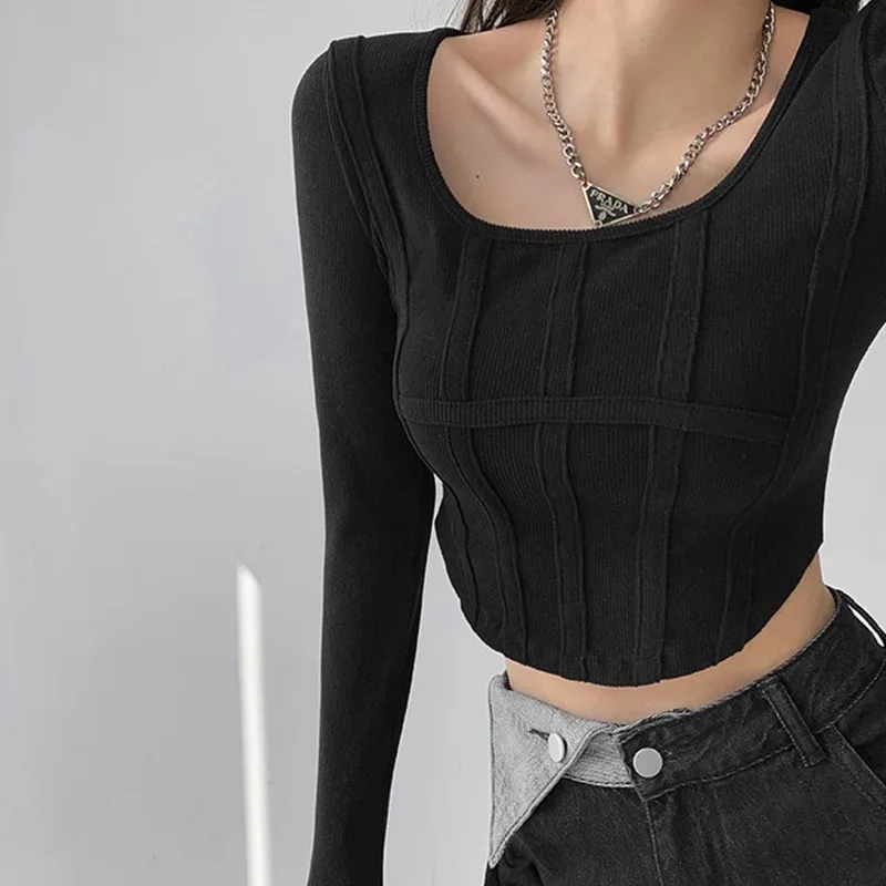 Женский укороченный топ Y2K с длинным рукавом и круглым вырезом хлопковые рубашки