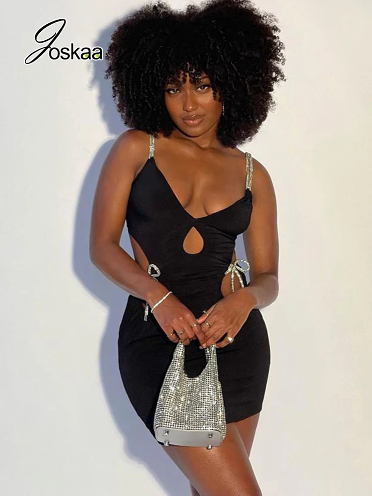 

Joskaa V-neck Spaghetti Strap Sleeveless Mini Dresses Women Sexy Hollow Out Bandage Backless Black Dress Autumn 2022 Streetwear