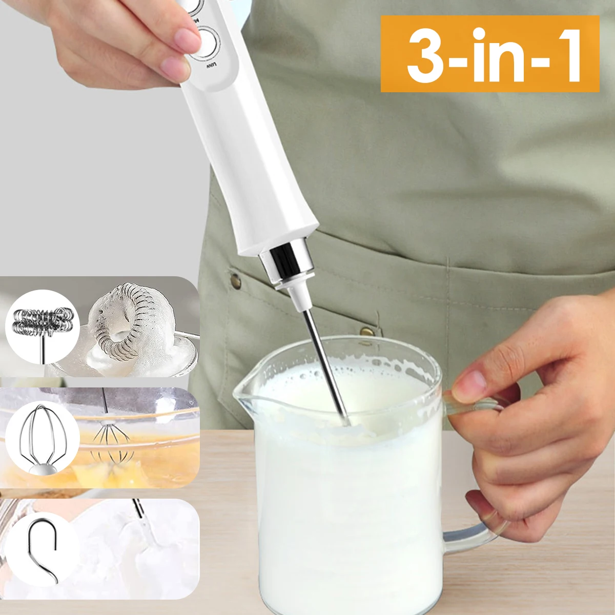 L Electric Milk Frother Electric Handheld Egg Beater with 3 
