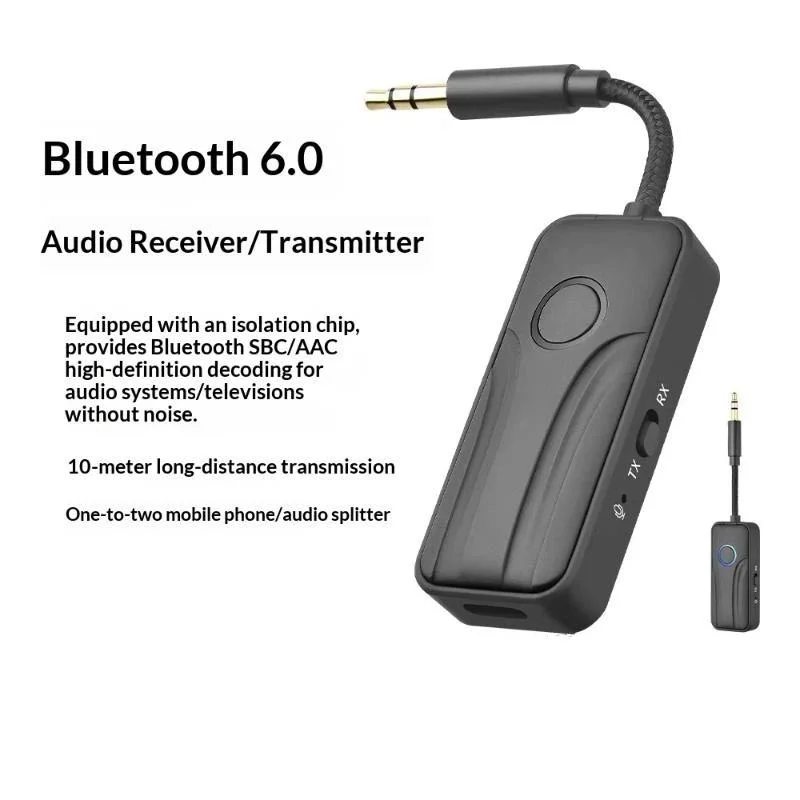Фото Bluetooth 6 аудиопередатчик-приемник, беспроводной адаптер с 3,5-мм AUX-разъемом и микрофоном, HiFi стерео для автомобиля, телевизора, ПК №1