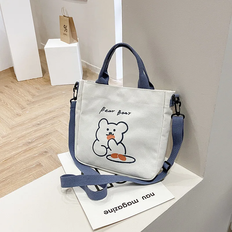 High Quality Casual Fashion Student Crossbody Underarm Shoulder Bear Cute Tote Handbag Summer New Canvas Women's Bag
