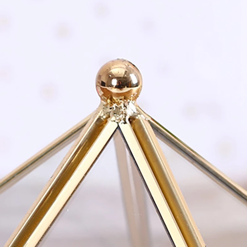 Copper Frame Geometric Shape Handicraft Glass Flower Room Small Pentagonal Open Lid Jewelry Box