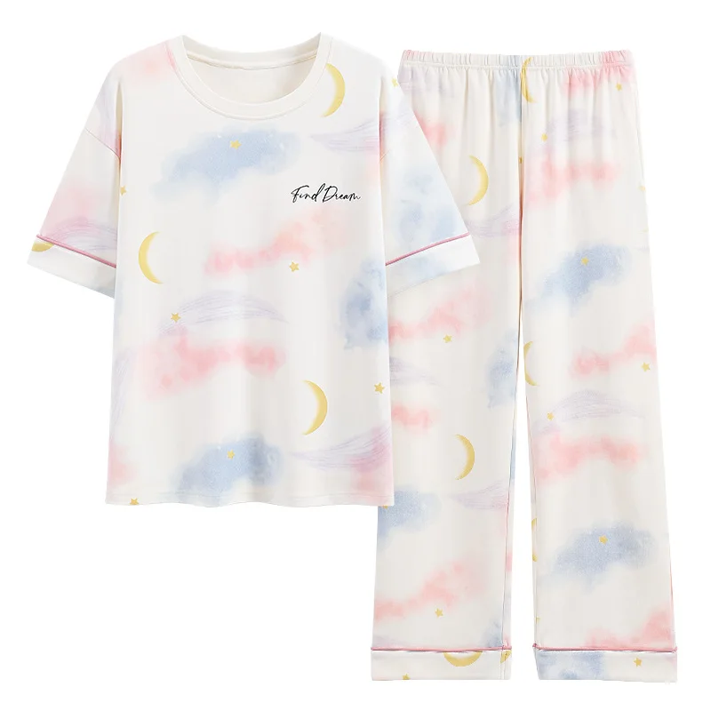 Pajamas for Women Summer Thin Cotton Short-sleeved Trousers Two-piece Suit Round Neck Cute Style Can Be Worn Outside Loungewear