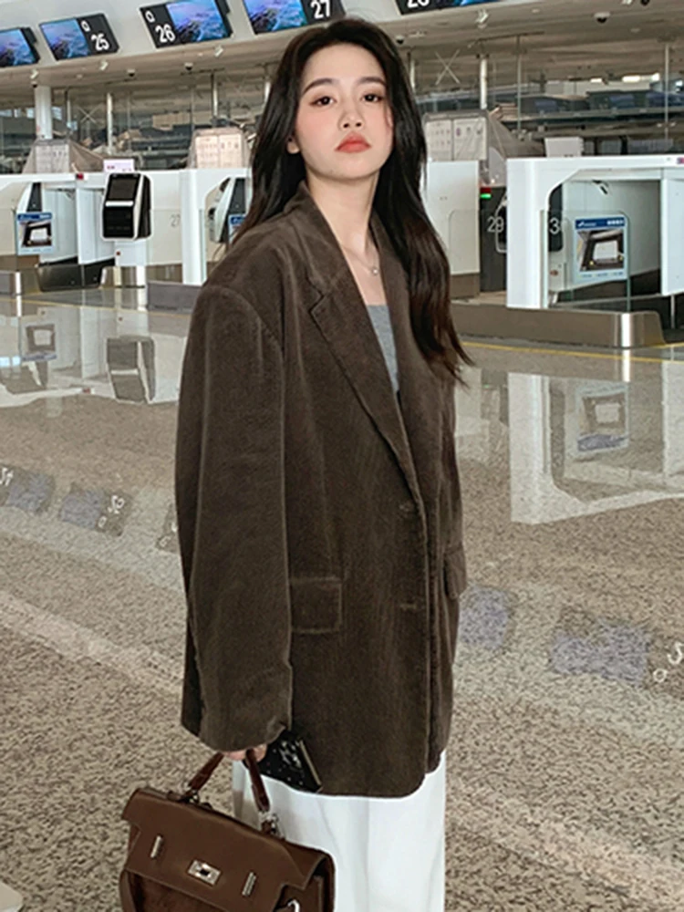 LANMREM винтажный вельветовый женский пиджак с зубчатым воротником однобортное