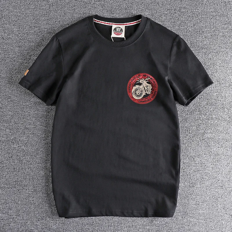 

Simple Motorcycle Print European and American Retro Trend Short-sleeved T-shirt Men's Round Neck Comfortable Summer Half Sleeves