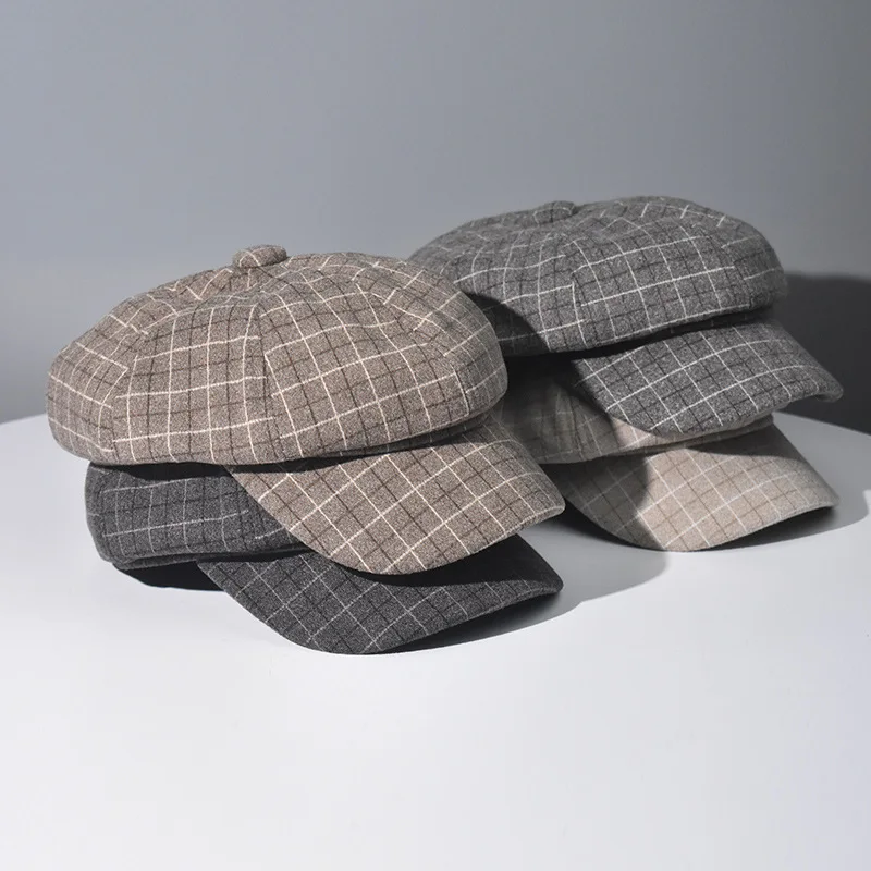 

Autumn And Winter Women's Wool Tweed Versatile Lattice Octagonal Hat Fashion Warm Retro Literary Beret Simple Painter Hat C75