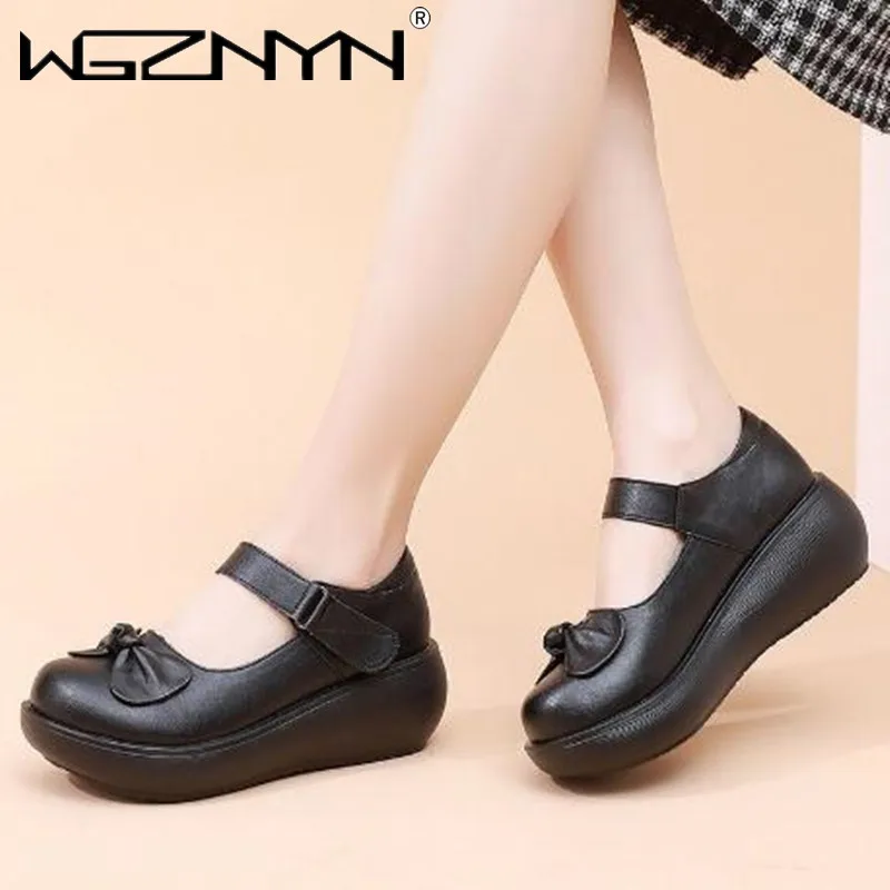 

2022 Spring Autumn Fashion Round Toe Wedge Pumps Women Retro Shoes Mary Jane Shoes Thick Bottom Genuine PU Leather Platform Shoe