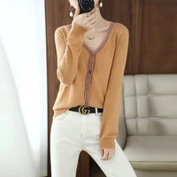2022 spring and summer new womens v neck wool cardigan temperament thin knitted sweater fashion color matching loose top coat