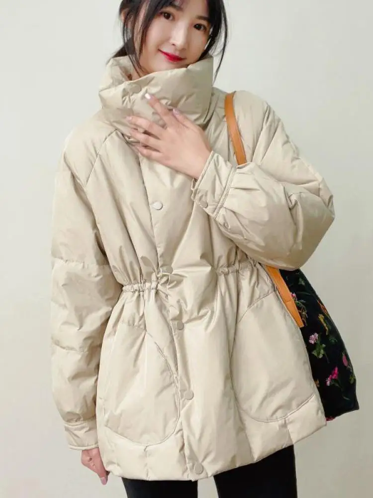 Winter Puffer Coat Women White Duck Down Stand Collar Waist Drawcord Single breasted Filled Down Loose Parka Warm Bubble Jacket