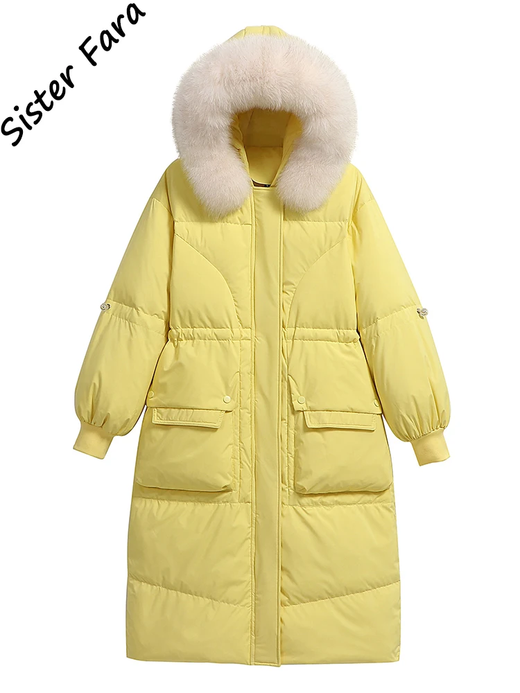 Waterproof Winter Women's Long Puffer Jacket  Big Fur Hooded Duck Down Coat Female Rain Feather Big Pocket Parkas