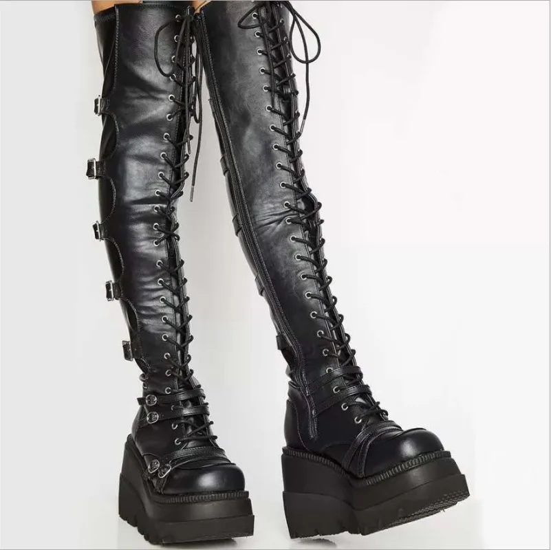 

Gothic Thigh High Boots Women Platform Wedges Motorcycle Boot Over The Knee Army Stripper Heels Punk Lace-up Belt Buckle Long