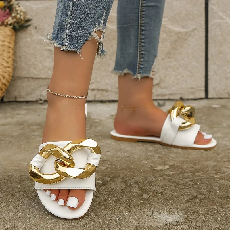 

Gold Metal Chain Causal Woman Slippers Peep Toe Flat Shoes Outside Wear Flip Flops Brand Summer Black Beach New Sandals Shallow