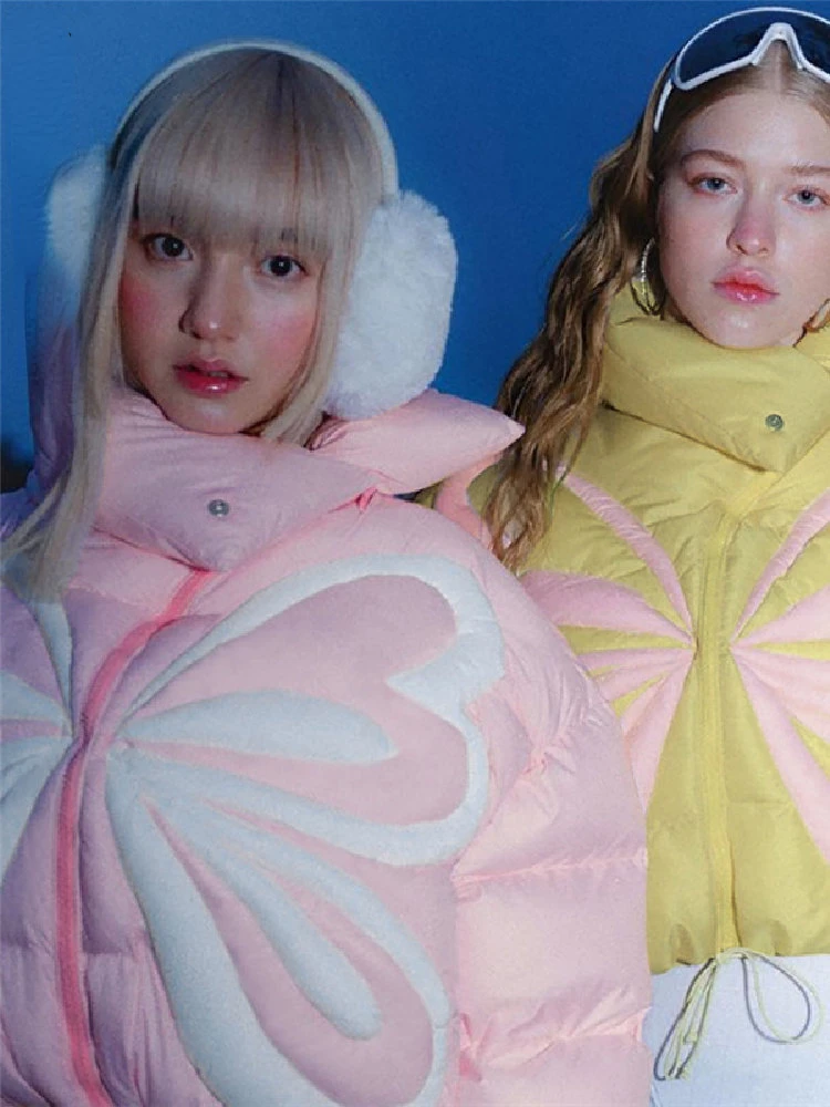 Fashion Turtleneck Zip Up Padded Butterfly Print Puffer Jacket Bubble Coat for Women 2022 Winter Casual Warm Pink Street Outwear