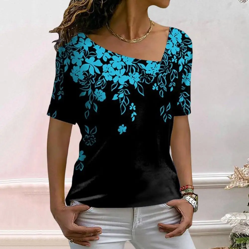 

Stylish Tee Top Skew Collar Quick Drying Summer Tops Blooming Floral Leaves Pattern T-shirt
