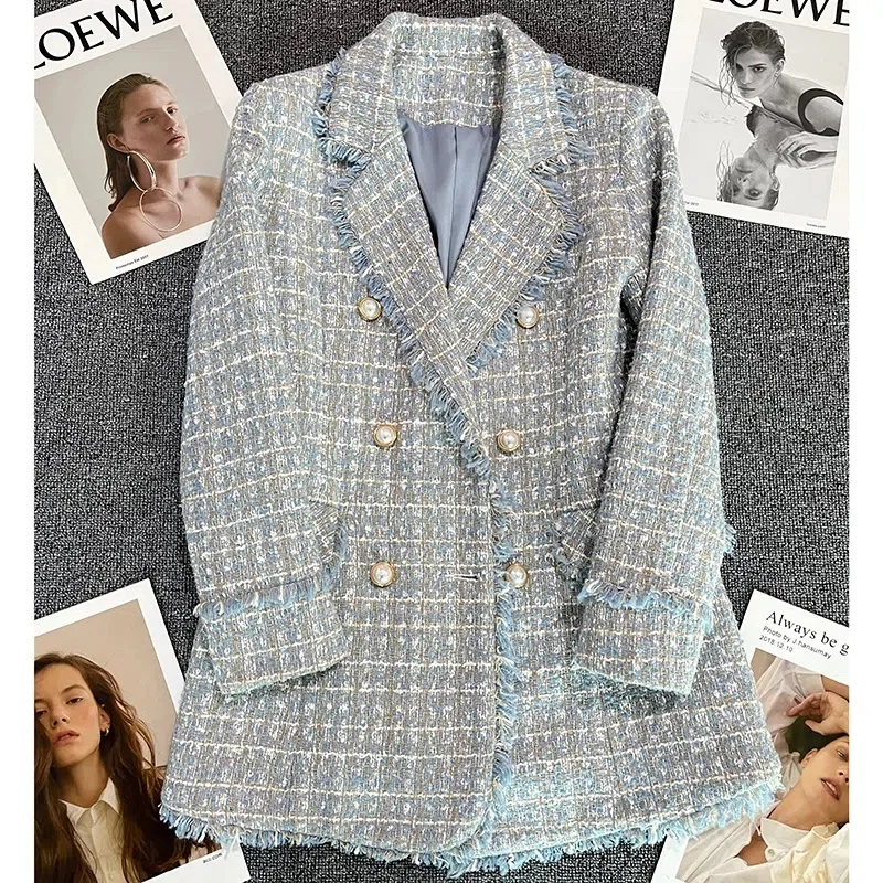 

Lake Blue Small Fragrance Suit Jacket Female 2023 Spring Omni-Match Fat MM200 jin Double-Breasted Design Sense Suit Solid Color