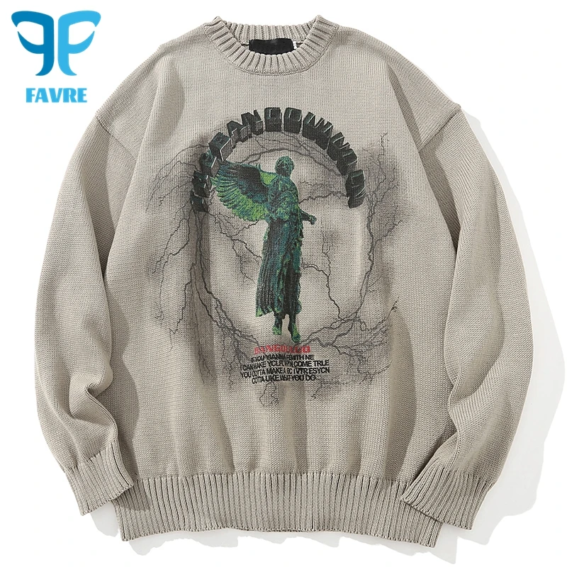 

FAVRE Men Knitted Sweater Autumn Casual Angel Lightning Printed Jumper O-neck Long Sleeve Oversize Pullover Male Sweaters