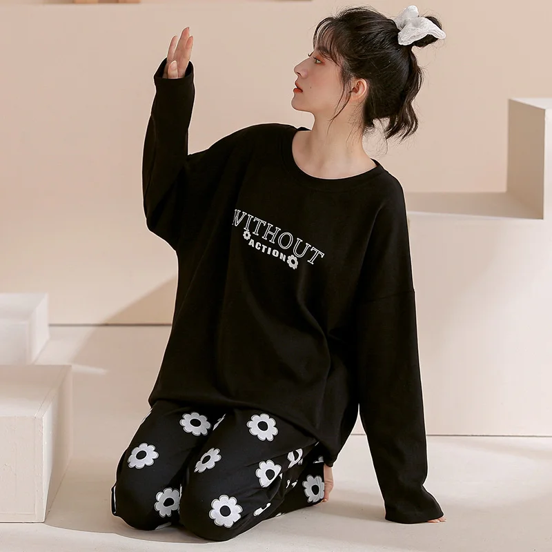 2022 spring and autumn new style pajamas women's cotton long sleeve  sweet simple round neck suit home clothes can be worn out