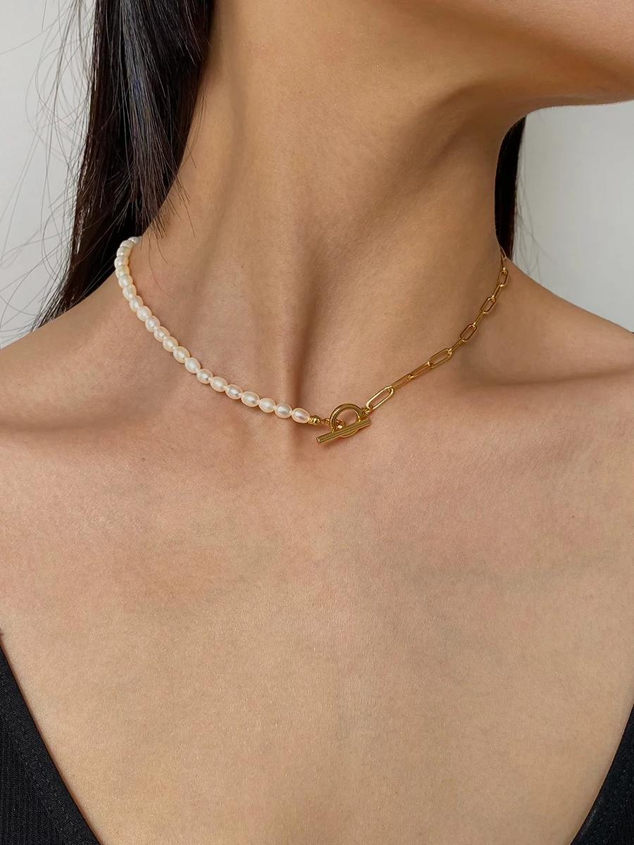 Real Natural Pearl Half  OT Chain Necklace Women Jewelry Punk Designer Runway Rare Simply Gown Boho Japan Korean