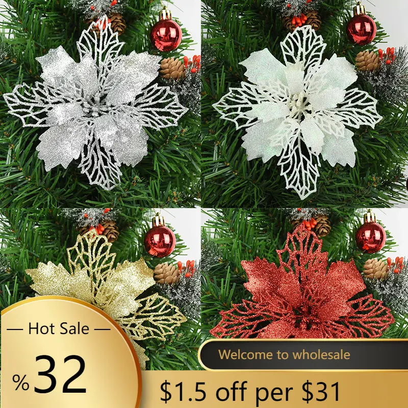 

2pcs Hollow Polyester Poinsettia Flower Heads for Christmas Wedding Flower Decoration Noel Xmas Tree Wreath Decor 11/16cm