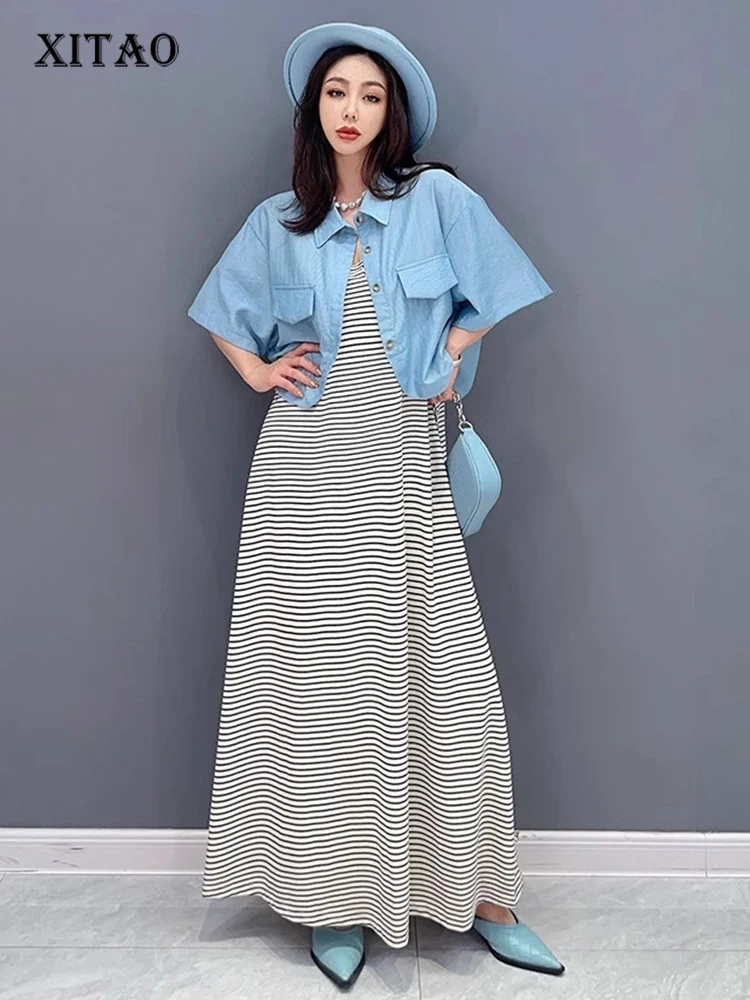 XITAO Fashion Striped Strap Dress and Top Temperament Casual Women 2023 Summer New Korea Loose Elegant Two Piece Dress DMJ1899