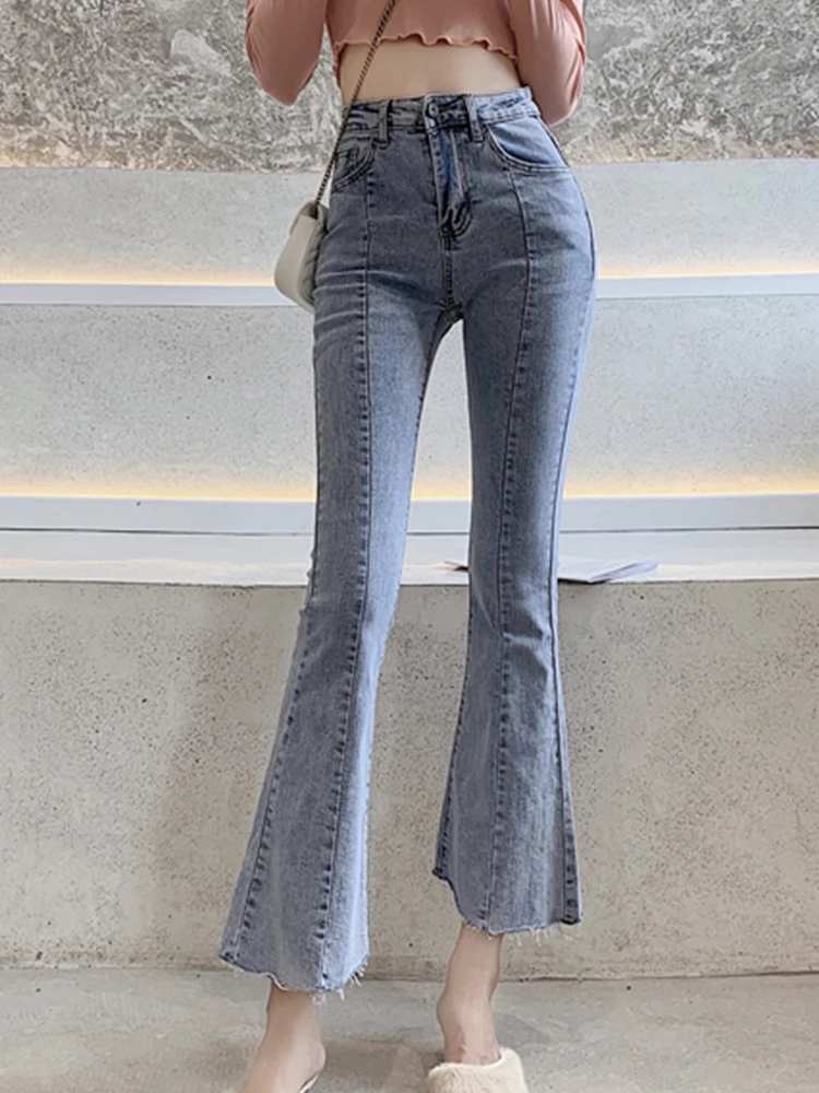 

Casual High-Waisted Stretch Jeans Slim Nine Point Flared Pants 2023 New Korean Fashion Women'S Clothing