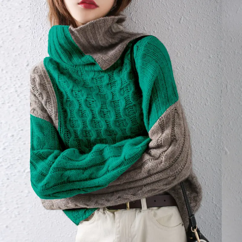 

2022 New High neck sweater women's winter long sleeve color matching Pullover new loose commuter top with bottomed sweater