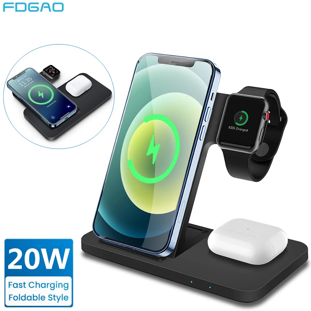 

Беспроводное зарядное устройство 3 в 1, 20 Вт, подставка для IPhone 14 13 12 11 XR 8 Apple Watch, док-станция для быстрой зарядки для Airpods Pro IWatch 8 7