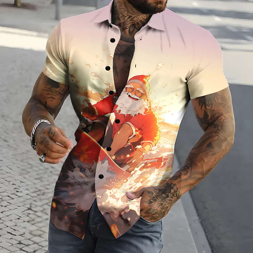 

Men'S Summer Short Sleeve Shirt 3d Printed Father Christmas Pattern Lapel Oversized Tops Casual Comfortable Men'S Clothing