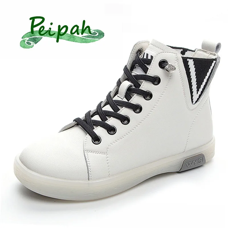 

PEIPAH Ankle Sport Boots Women Lace Up Genuine Leather Shoes For Women Casual Solid White Sneakers Ladies Autumn Boots Plus Size