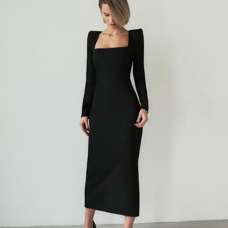

Sexy Women Evening Dress 2022 Elegant Square Collar Bodycon Black Long Dress Long Sleeves Shoulder Pads Party Maxi Dress Vestido