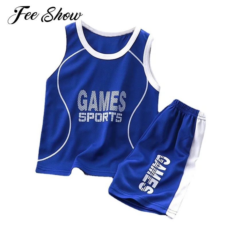 

Kids Boys Sport Basketball Clothes Set Sleeveless Round Neck Breathable Top Elastic Waist Shorts Casual Running Sets Tracksuits