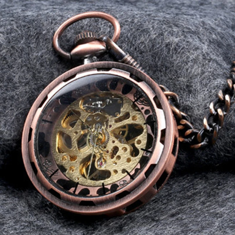 Luxury Gold Mechanical Pocket Watch for Men Women Hollow Skeleton Transparent Dial Roman Numerals Number Fob Chain Pendant Clock