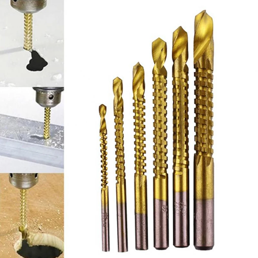 

6Pcs/set Titanium Plating High-Speed Steel Drill Bits Carpenter Woodworking Drilling Cut Grooving Saw Drill Bits