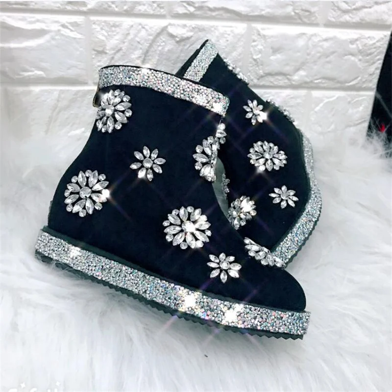 Handmade rhinestone velvet fur boots low round toe cotton boots snow boots large size women's boots 35-44