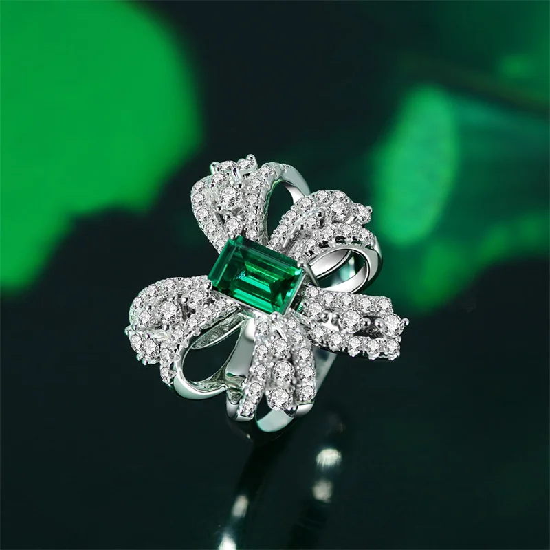 

100% Silver 925 5x7MM Emerald Created Moissanite Bowknot Rings Wedding Engagement Bands Fine Jewelry Ring for Women