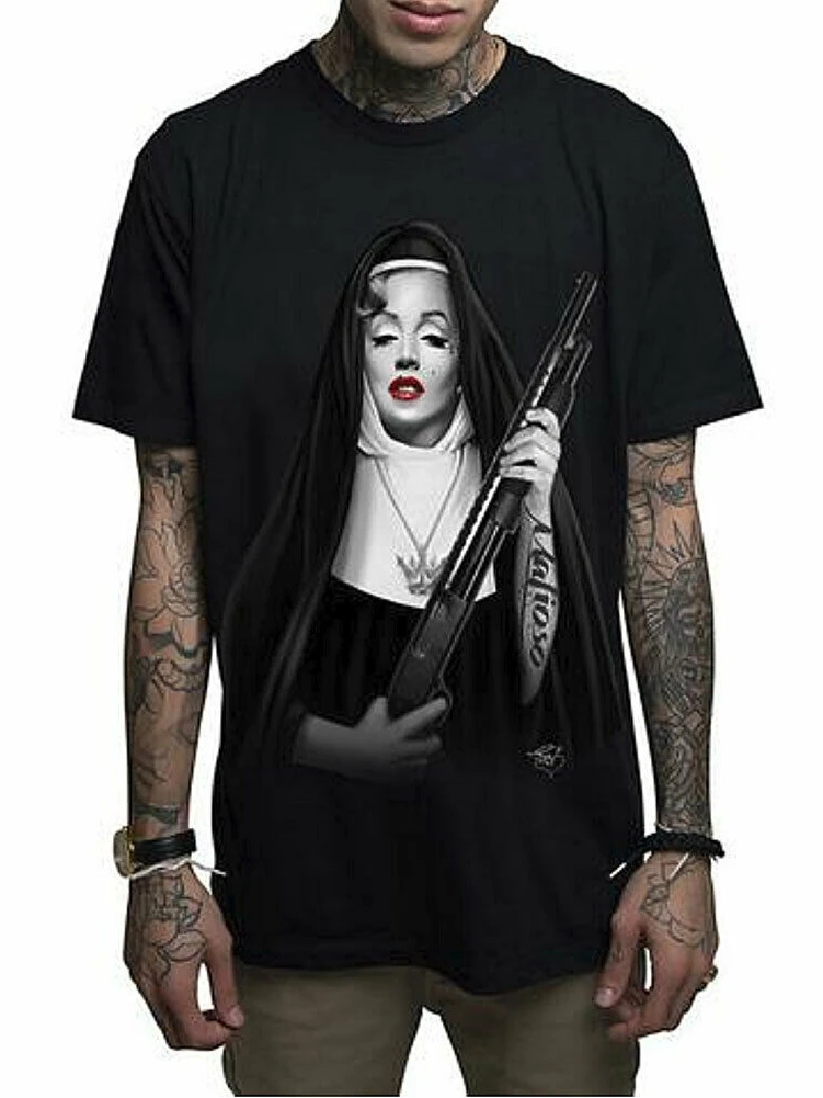 

Funny Mafioso Nuns Marilyn Monroe Hold A Gun Mens T Shirt. Short Sleeve 100% Cotton Casual T-shirts Loose Top Size S-3XL