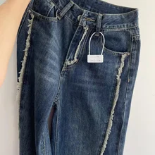 혼자있어! 모든 것이 잘됩니다! 복고풍 높은 허리 닳은 스트레이트 청바지 여성 느슨한 디자인 감각 틈새 넓은 다리 바지