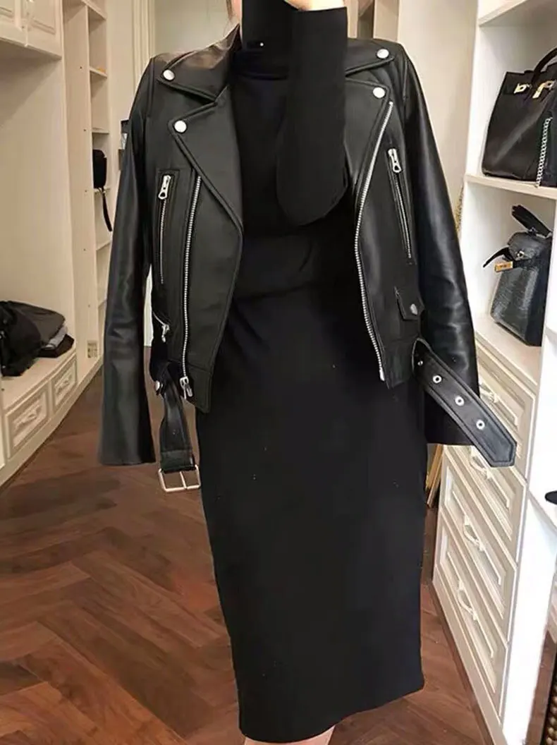 Luxury Designer Clothing Women Real Genuine Leather Jacket 2023 Natural Sheepskin Motor Biker Outerwear Female Black Oversized enlarge