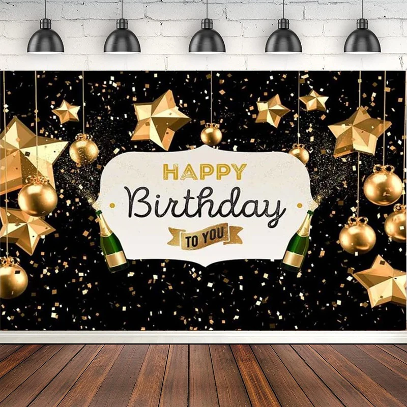 

Gold Stars And Confetti Photography Backdrop Black Glitter Women's Birthday Party Decoration Poster Champagne Background Banner