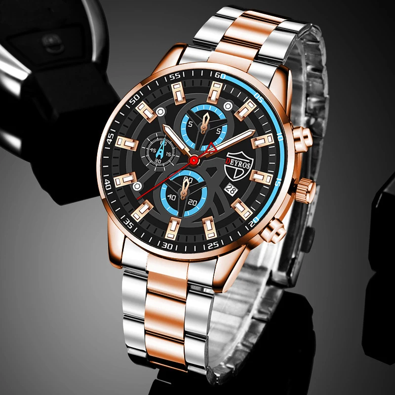 Часы наручные мужские кварцевые из нержавеющей стали с календарем и кожаным