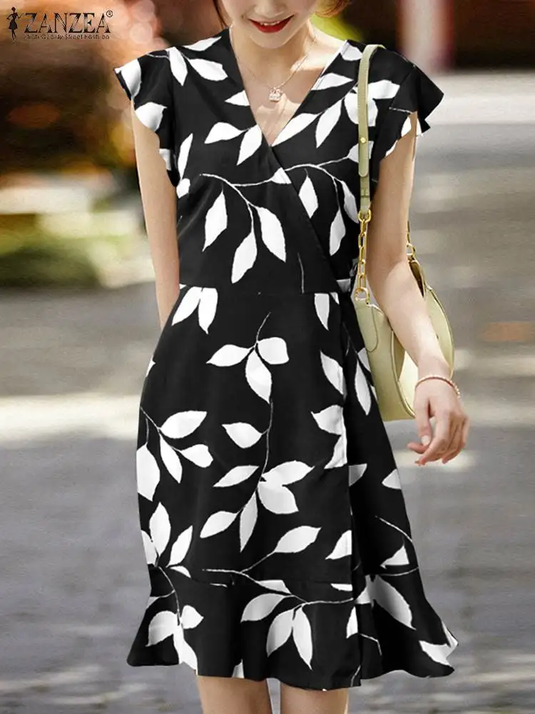 

Платье ZANZEA женское летнее с цветочным принтом, Модный элегантный сарафан-трапеция в богемном стиле, с оборками на рукавах, с V-образным вырез...