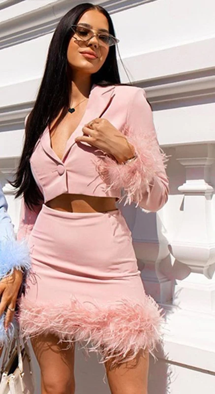 

SHMILY Sexy Two Piece Set Elegant Long Sleeve Crop Top Shirts And Mini Bodycon Skirts Feather Women Sets Party Outfits Club 2022