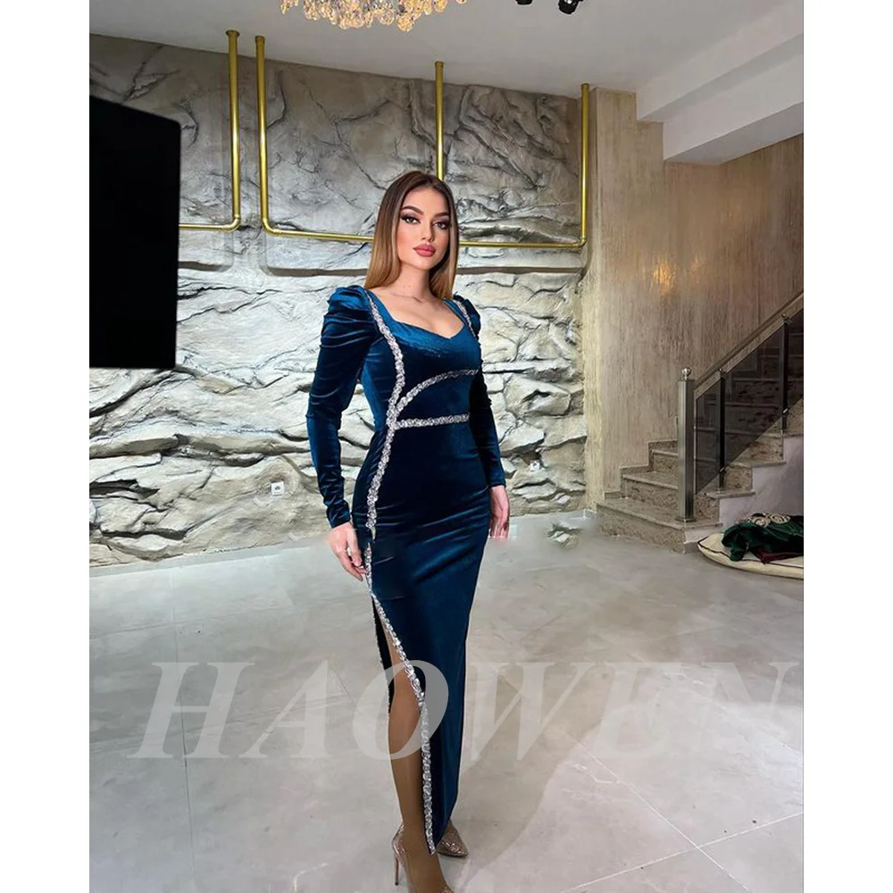 

HAOWEN Elegant Royal Green Mermaid Evening Party Dress Velour Sexy Side Split Long Sleeves Evening Formal Prom Gowns